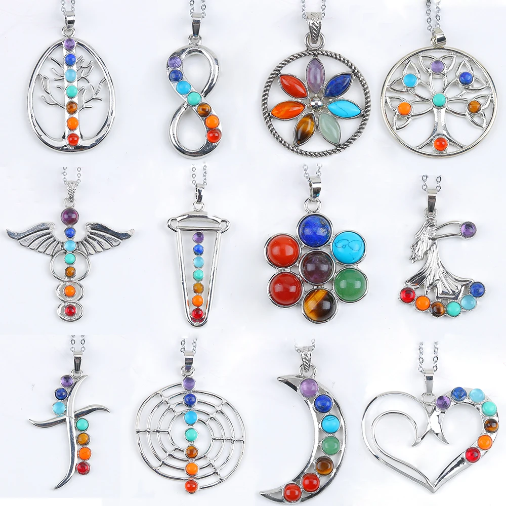 Рейки чакра 7 камни натуральный камень кулон древо жизни полудрагоценные колье