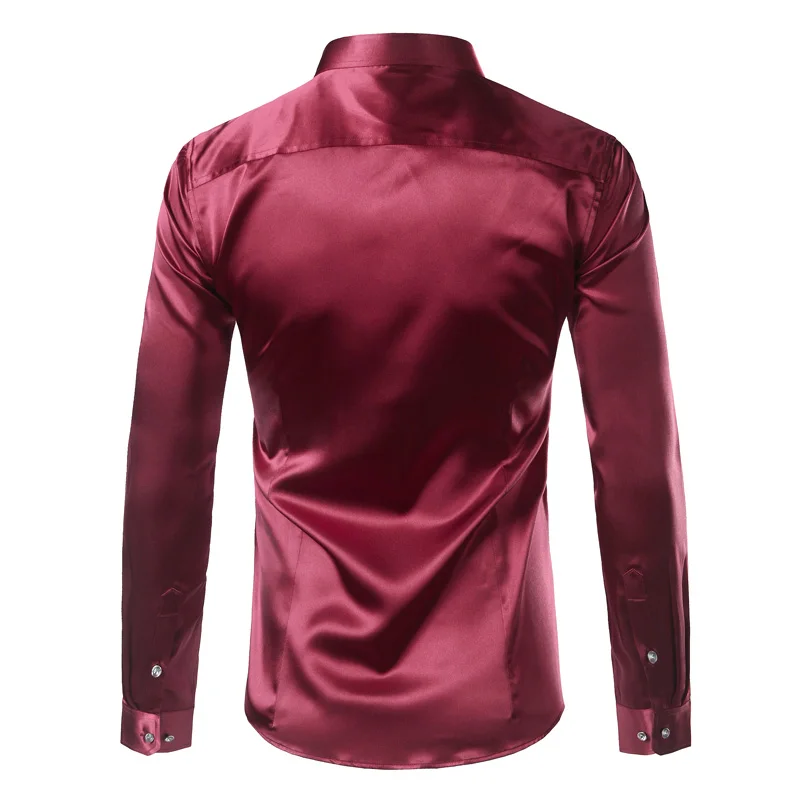 Новинка, Золотая шелковая атласная рубашка для мужчин, Chemise Homme,, модная мужская приталенная рубашка с длинным рукавом, имитация шелковой пуговицы, красная рубашка