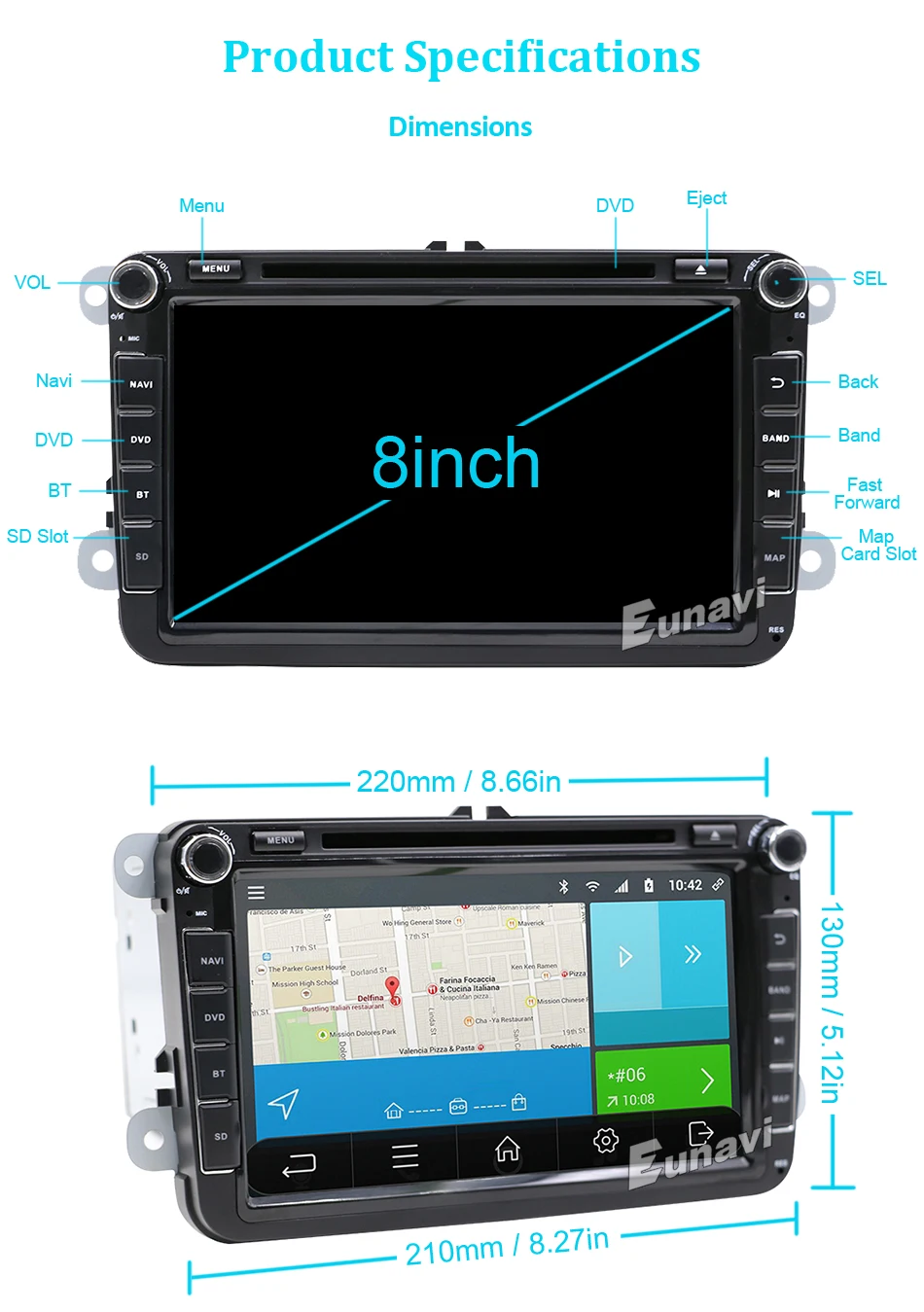 Eunavi 2 DIn автомобильный DVD 8' HD для VW POLO GTI GOLF 5 6 MK5 MK6 JETTA PASSAT B6 Touran Sharan с gps навигацией Радио RDS