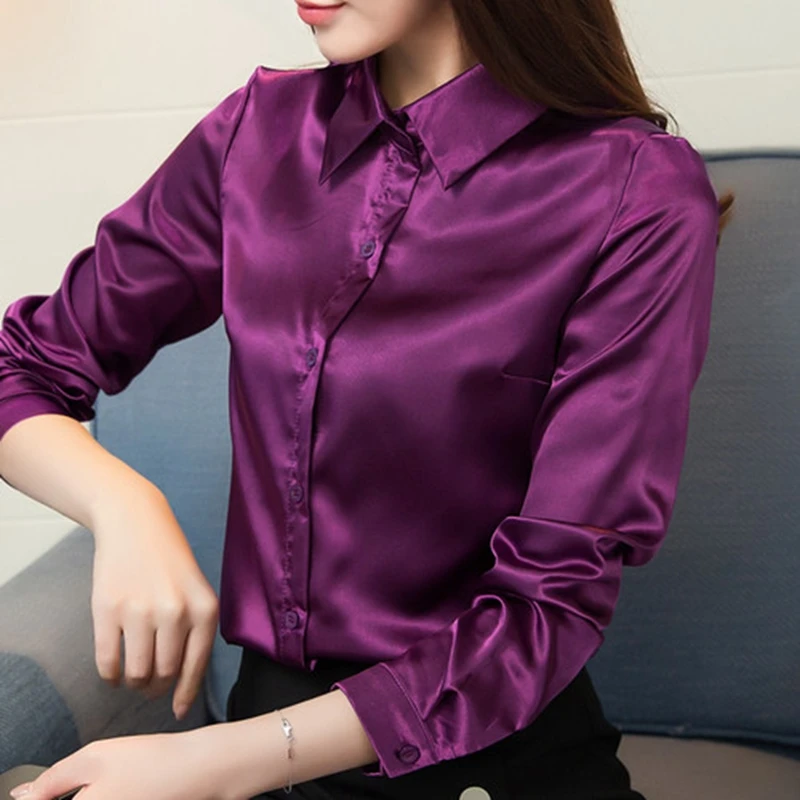 Stinlicher Satin Silk Shirt Women Autumn Long Sleeve Elegant Work Wear Tops Korean Fashion Purple Green Blue Blouse Shirt