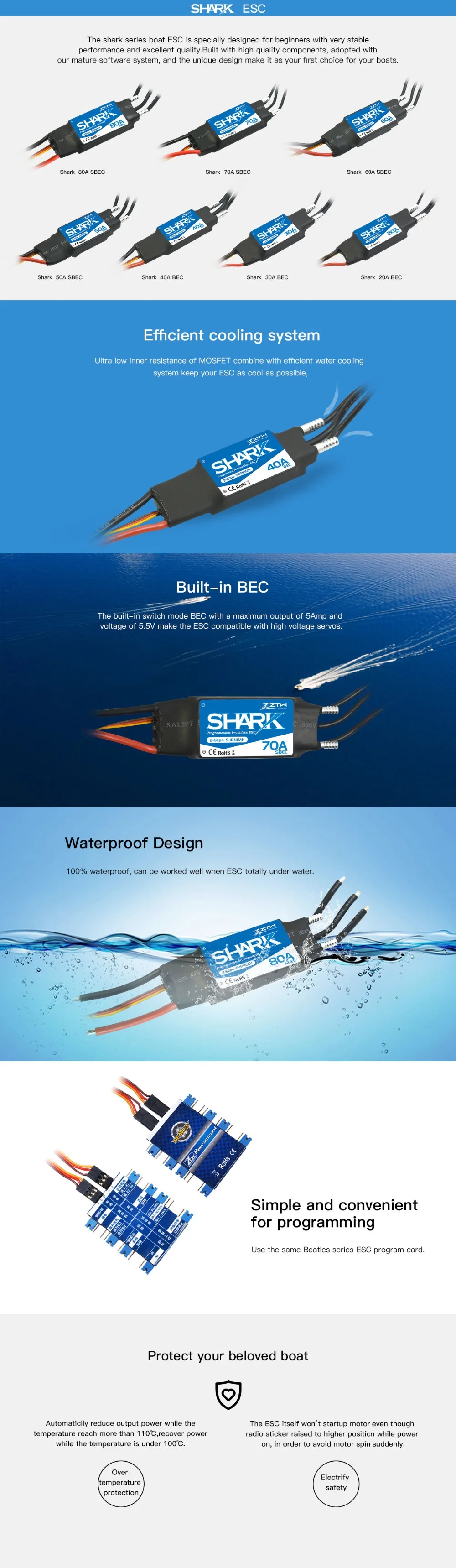 ztw shark 20A 40A 50A 60 70 80A водонепроницаемый бесщеточный ESC для лодки с системой водяного охлаждения RC модель лодки