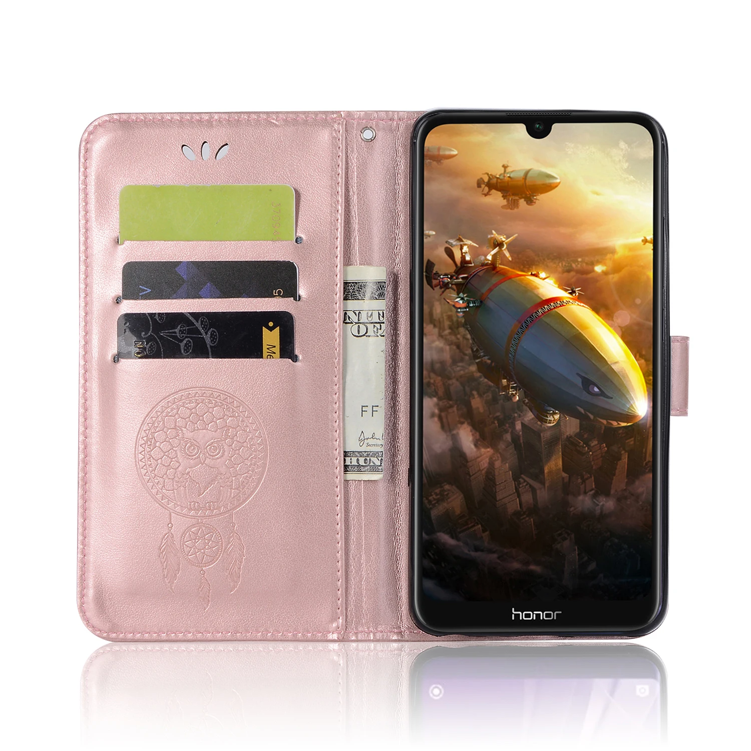 Кожаный чехол книжка с рисунком Ловца снов и совы для Huawei Y6 2019 / Honor 8A откидной