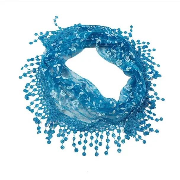 Blue Шарфы с кружевами и кисточками, длинные женские шарфы, мягкие, 140 см, милые, прозрачные, с цветочным принтом, Осень-зима, шаль, шарфы - Цвет: Blue