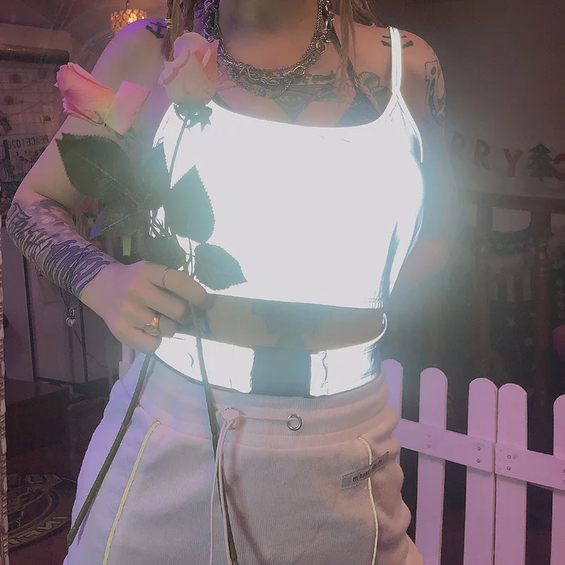 Летний сексуальный женский светоотражающий серебристый Топ без бретелек с