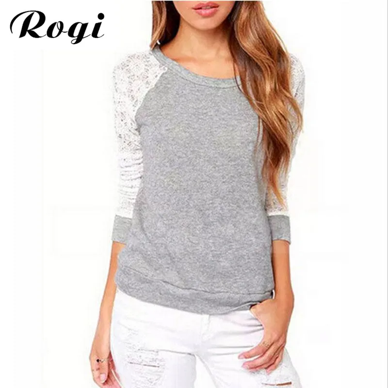 Rogi женская футболка 2019 длинный рукав кружево пэчворк джемпер серая футболки