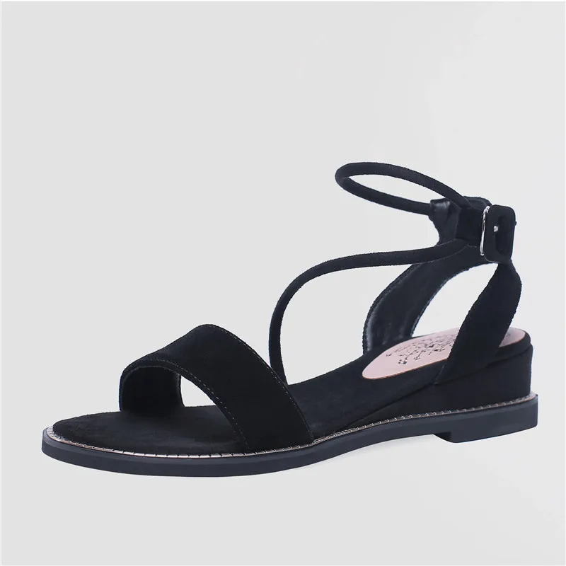 black nubuck leather MORAZORA/Новинка года; босоножки из коровьей кожи; Женские однотонные летние туфли с пряжкой; модные босоножки на танкетке; женская повседневная обувь - Цвет: black nubuck leather
