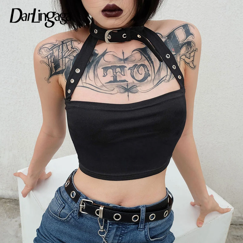 

Darlingaga Cotton Halloween punk choker halter top women cami backless buckle crop top clothes camisole sexy tops cropped gothic