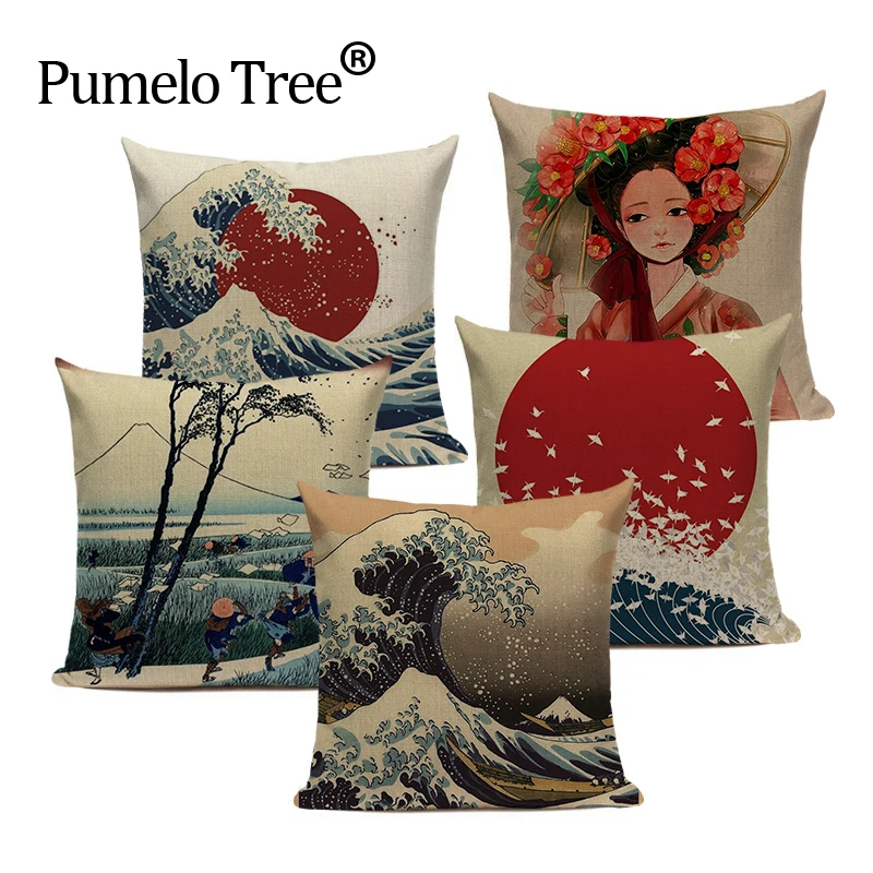 

Vintage Decorative Cushion Covers Custom High Quality Linen Village Style Ukiyo Decor Pillowcase 45X45Cm Square Printing Pillows