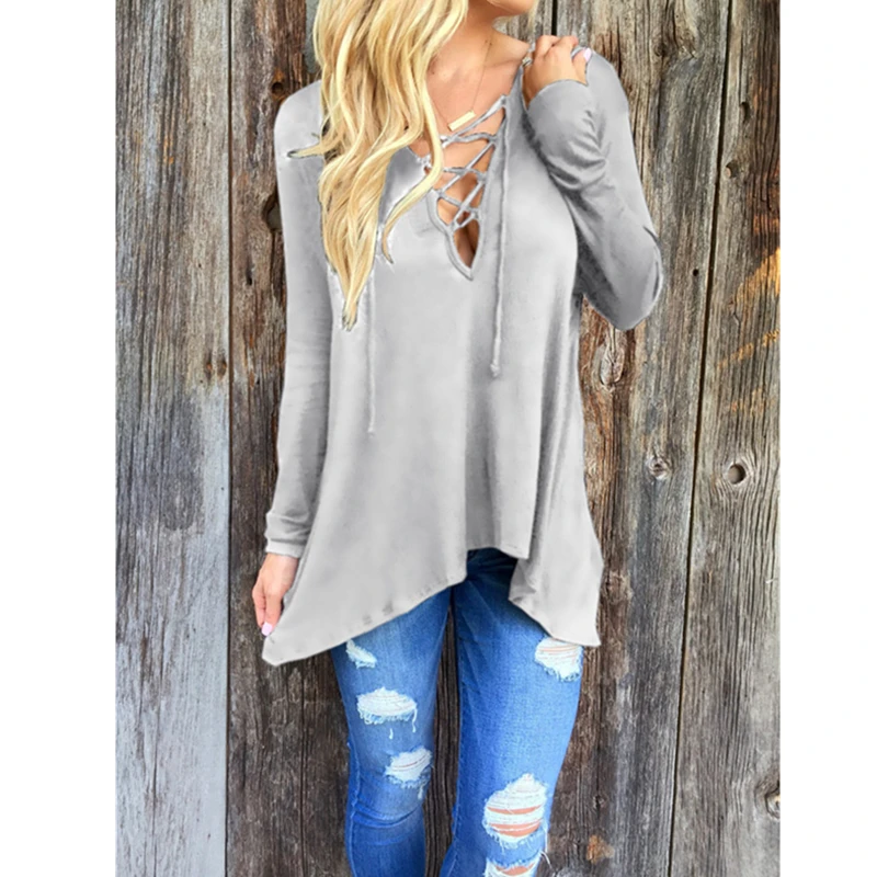 Для женщин футболка с длинными рукавами Осень 2016 повседневное v образные вырезы