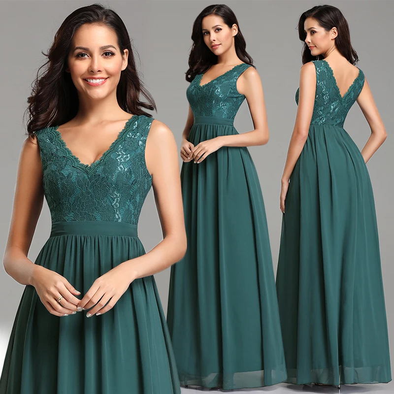Robe De Soiree Ever красивые сексуальные трапециевидные шифоновые кружевные вечерние платья с v-образным вырезом без рукавов, длинные элегантные свадебные платья для гостей