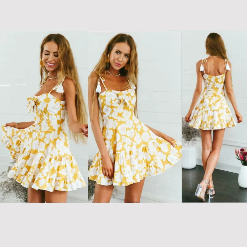 Linlon Женская летняя обувь желтый цветок трапециевидной формы с принтом короткое