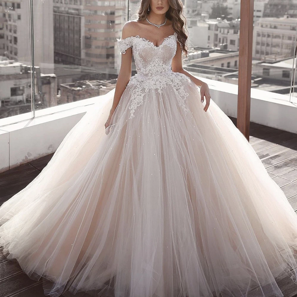

arabic wedding dresses 2019 sweetheart neckline lace appliques tulle floor length puffy bridal dresses vestidos de noiva