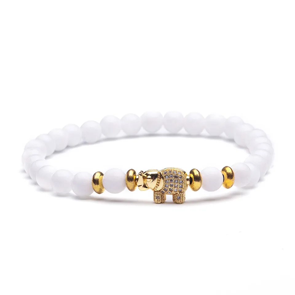 White-Gold Шарм Браслет для Мужчин Моды Роскошь Micro Pave CZ Слон Высокое качество Лава камень бисер Strand Браслеты Ювелирные Изделия Мужской Homme - Окраска металла: White-Gold