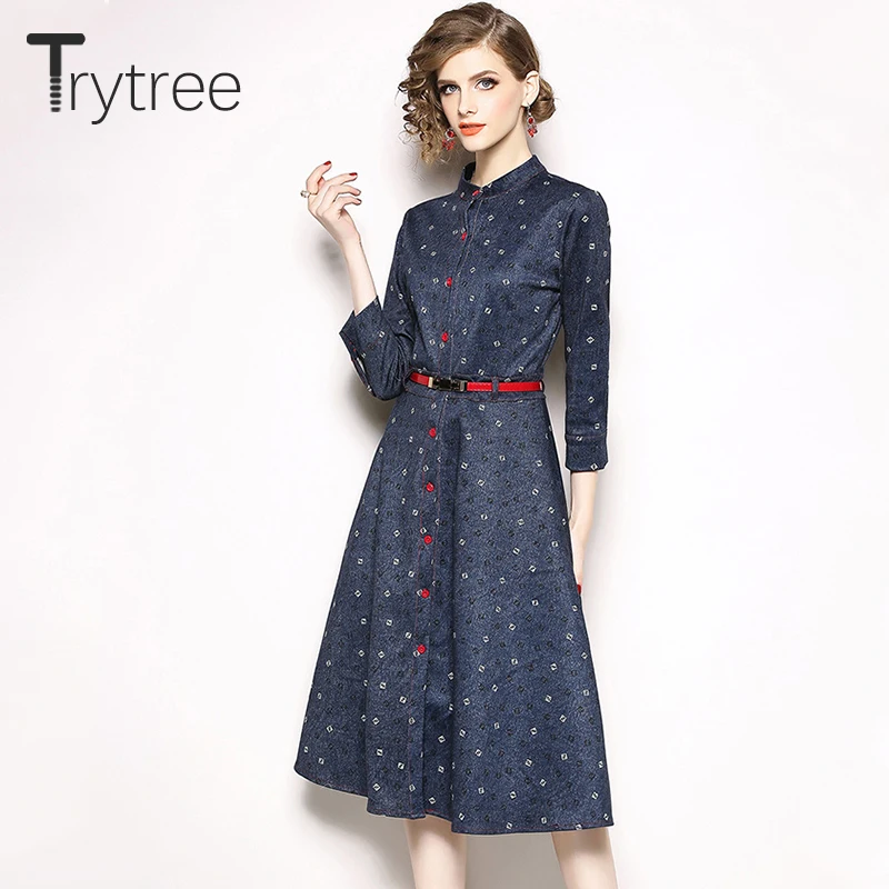 Trytree летнее осеннее платье джинсовое повседневное ТРАПЕЦИЕВИДНОЕ женское темно