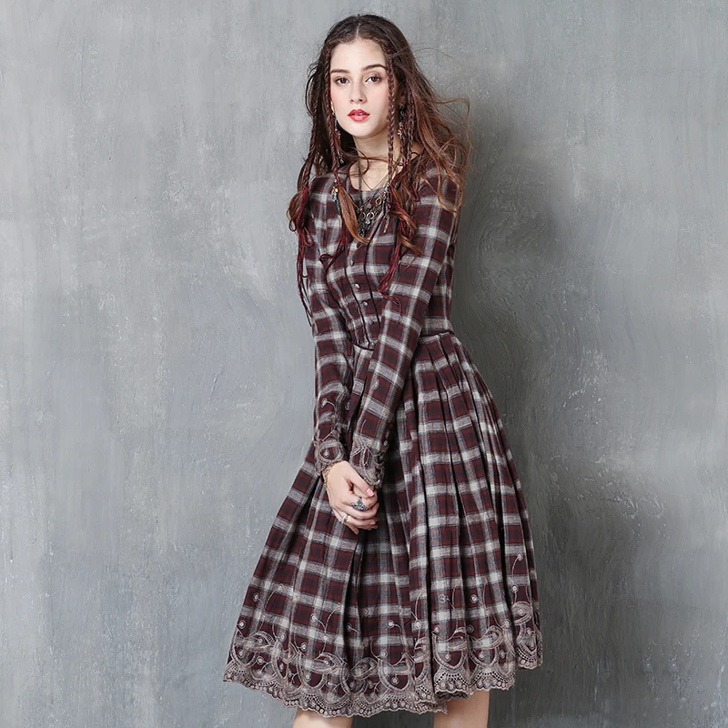Зимнее платье 2017 Yuzi. мая Boho Новое Хлопковое с круглым вырезом и длинными рукавами