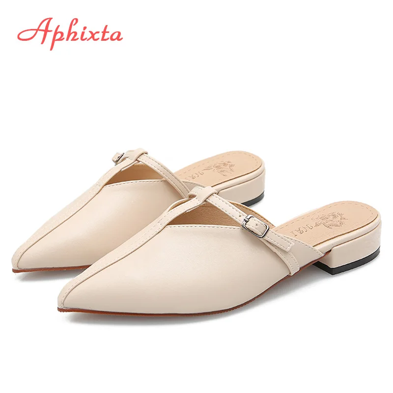Brown Aphixta/модные женские шлепанцы с острым носком; летние туфли на квадратном каблуке; Цвет Коричневый, бежевая тапочка; женская обувь; mules; Уличная обувь; zapatos mujer - Цвет: Brown