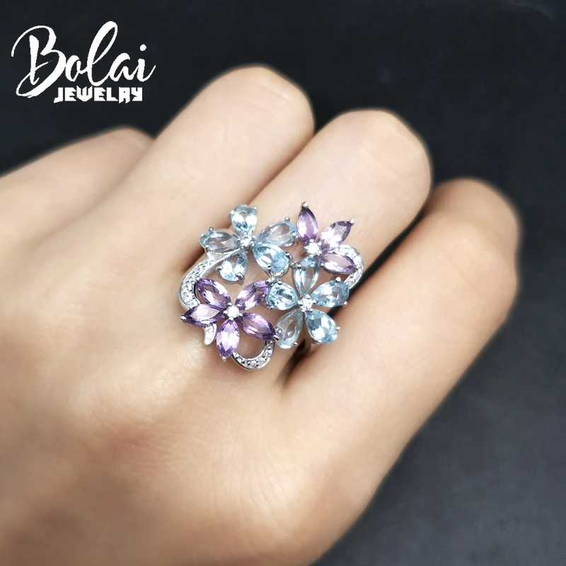 Bolaijewelry цветок и листья натуральный аметист или кольцо с голубым топазом в 925