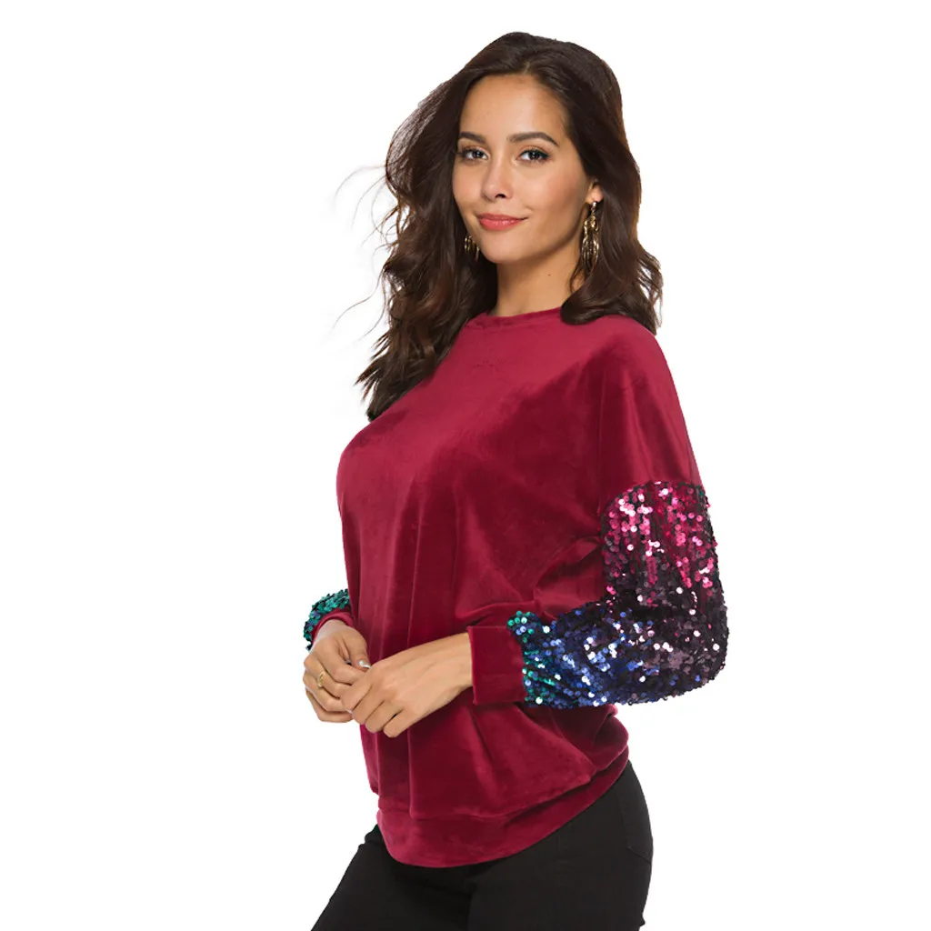 WOMAIL Bling Sequines модная футболка с длинным рукавом Женская однотонная Повседневная Лоскутная футболка с круглым вырезом для женщин 19JAN30