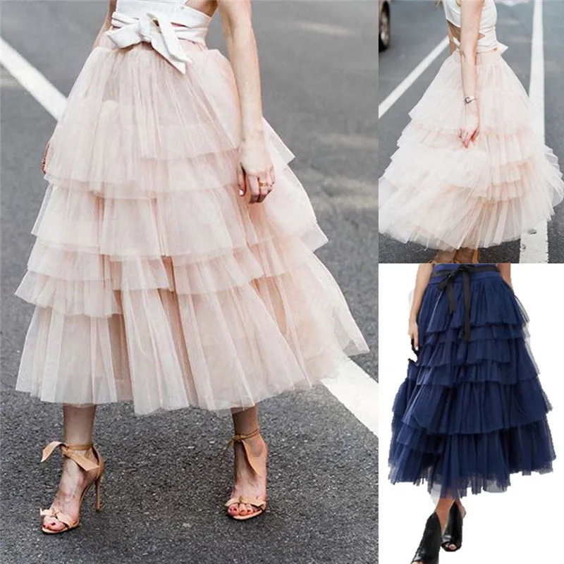 

Модная Летняя женская Тюлевая кружевная многоярусная пляжная длинная юбка в стиле бохо с оборками и цветочным принтом, с завышенной талией