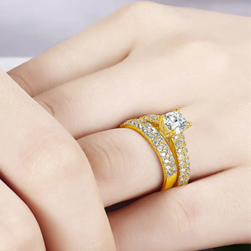 AINUOSHI Real 14 K желтое Золотое кольцо для пары наборы мужской свадебный браслет обручальные кольца Sona Помолвочные кольца с бриллиантом 14 K Золотое трио кольцо - Цвет камня: Women Ring Set