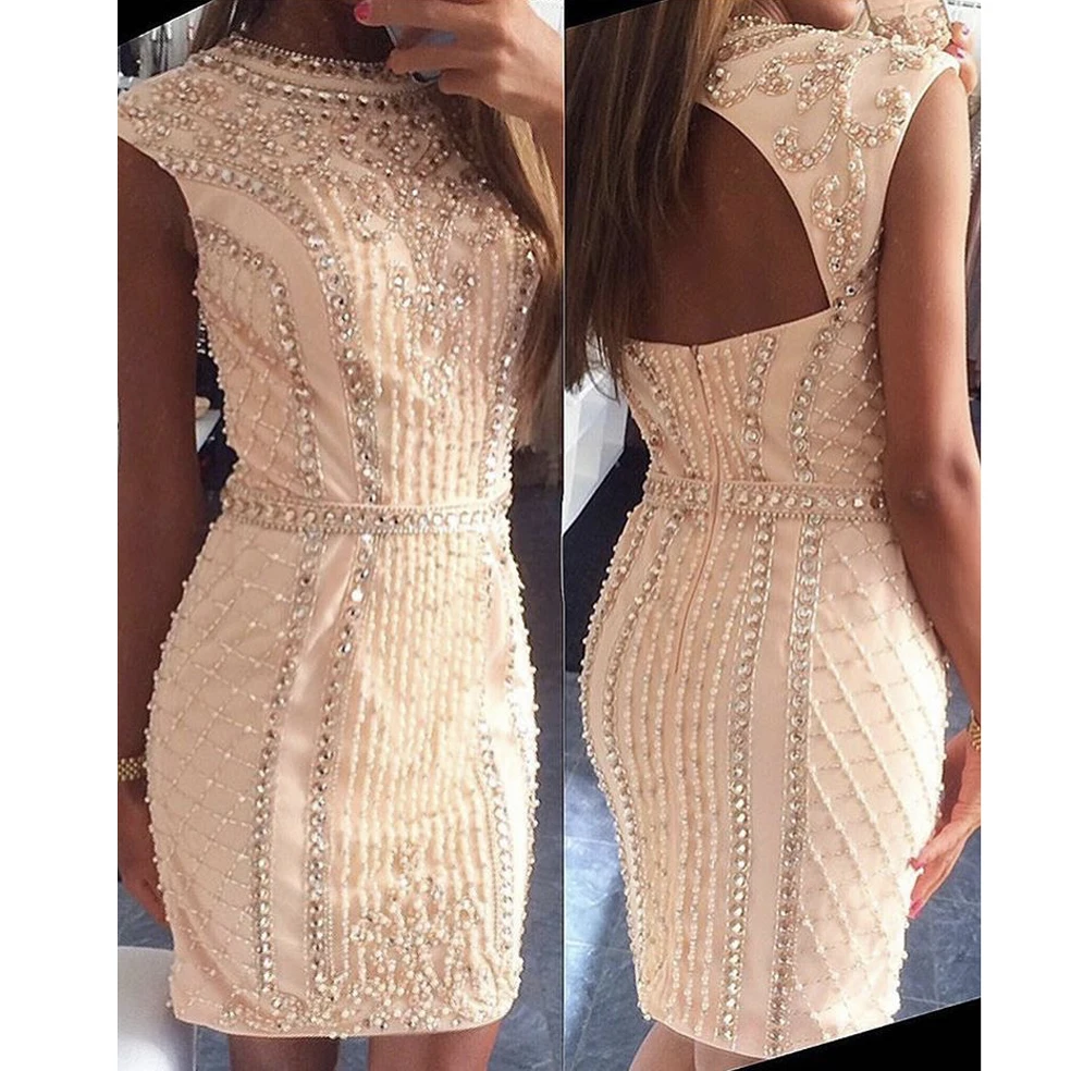 2017 Старинные Платья Партии Розовый O Шеи Бисером Рукавов Замочная Скважина