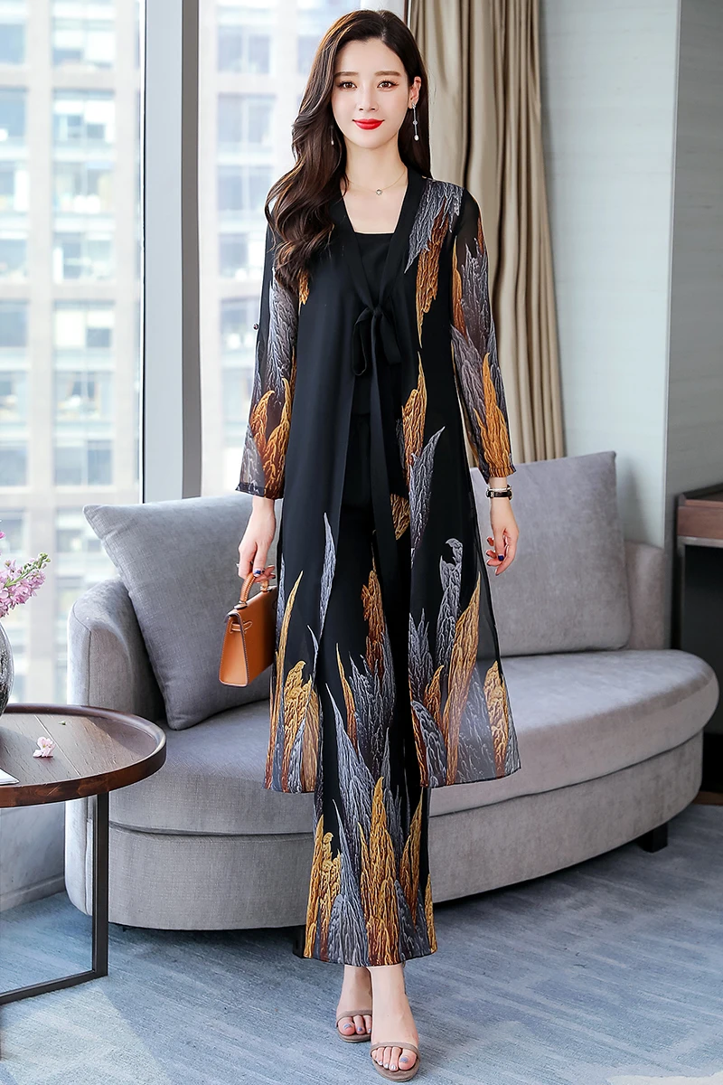 Комплект из 3 предметов женский длинный кардиган с вышивкой пальто + топ на