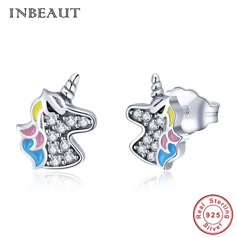 INBEAUT, женские трендовые серьги-гвоздики, 925 пробы, серебряные, цветные, крылья мечты, единорог, милый кот, медведь, серьги с лапами, подарок на день рождения - Окраска металла: p426