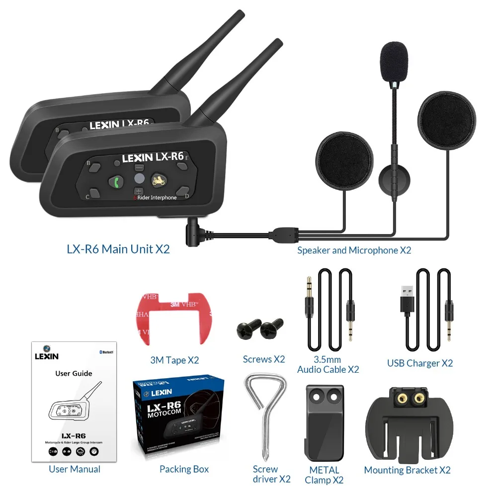 2 ШТ. Lexin R6 Мотоциклетный Bluetooth Шлем Гарнитуры Домофон для 6 всадников BT Беспроводной домофон Интерфон MP3