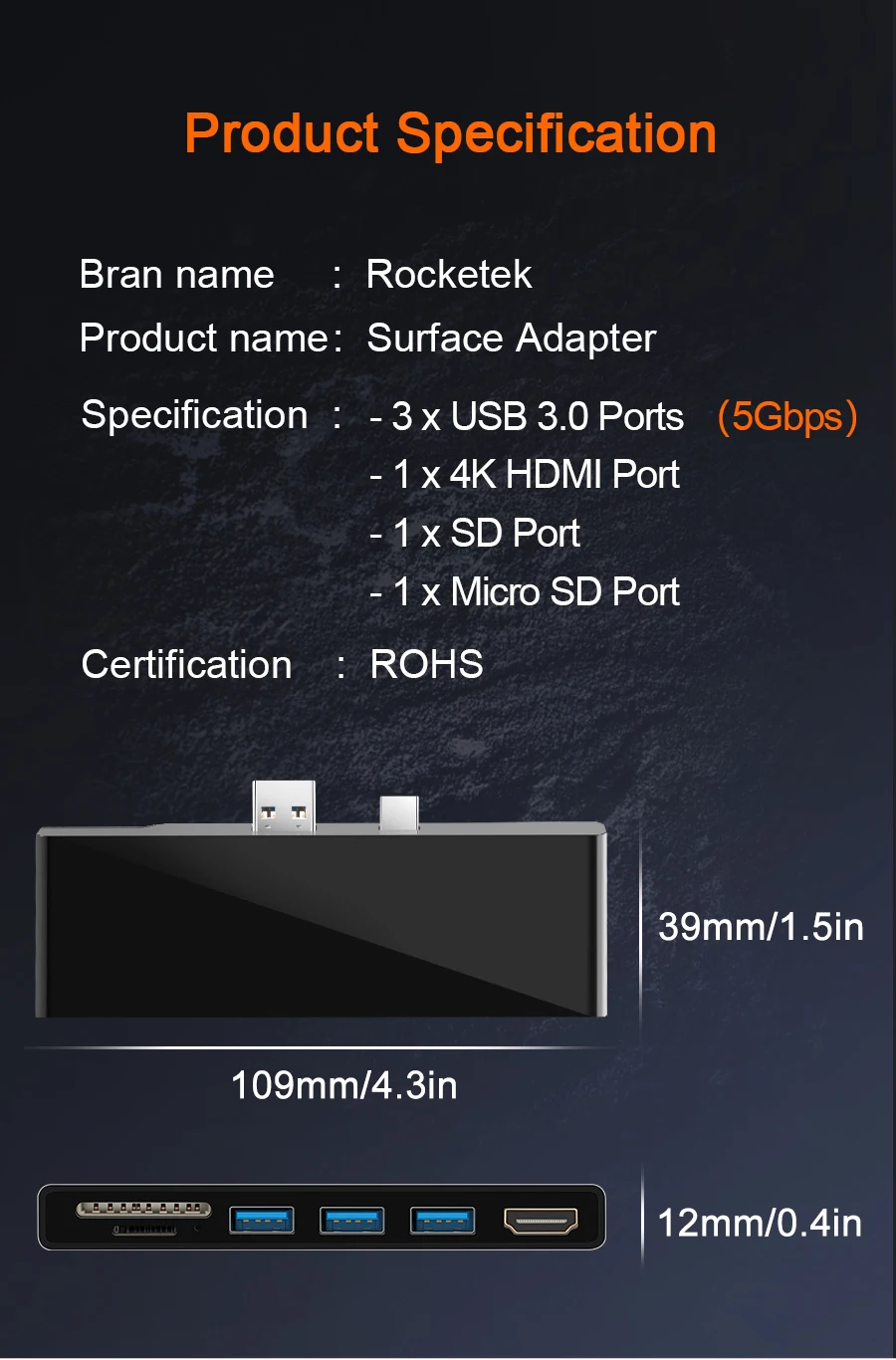 Rocketek HUB 4K HDMI и usb 3,0 кард-ридер/1000 Мбит/с гигабитный Ethernet адаптер для SD/TF micro SD microsoft Surface Pro 3/4/5/6