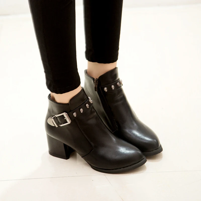 Зима осень женщины платформы квадратный каблук ботильоны краска кожаные сапоги