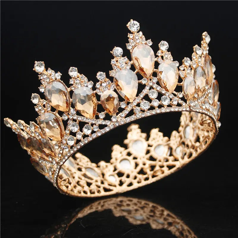 

Yellow Crystal Full Circle Bridal Queen Crown Luxurious Wedding Pageant Tiara Crown For Bride Hair Jewelry Accessories