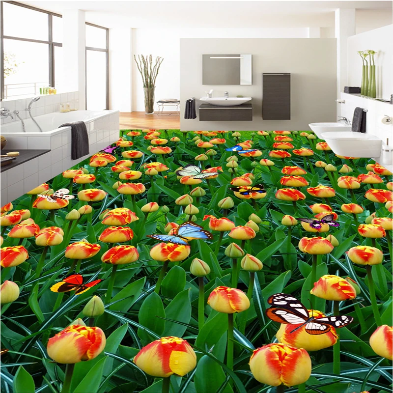 

beibehang papel de parede para quarto Customize any size fresco tulip flower sea flowers 3D floor tiles wallpaper for walls 3 d