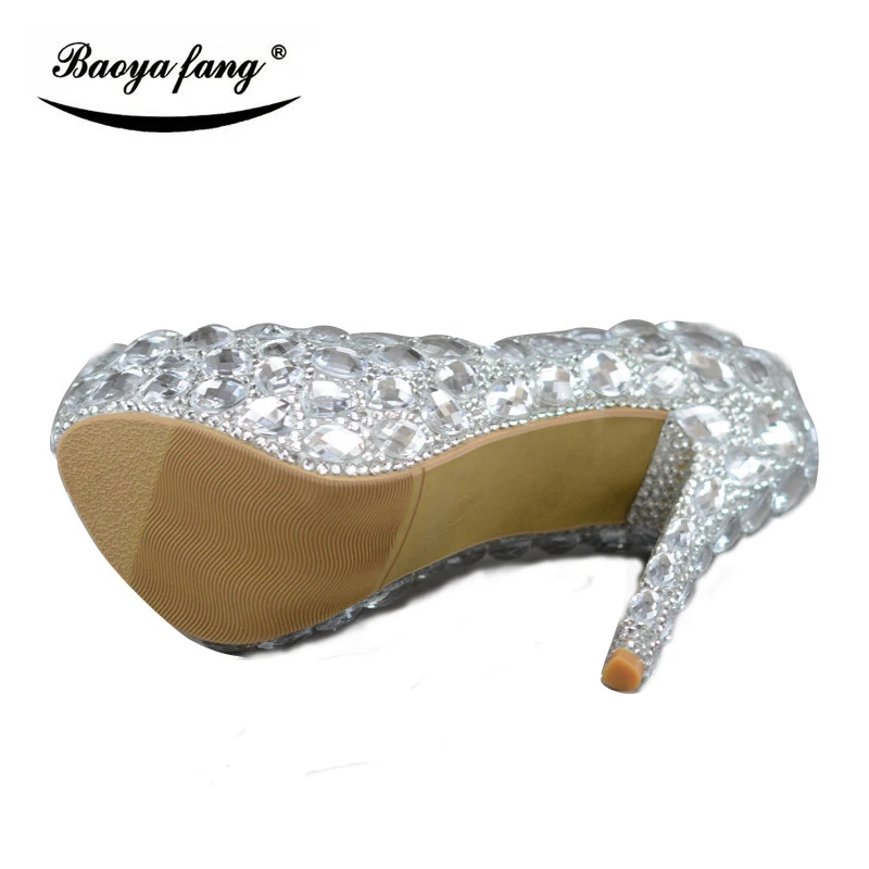 Серебристые женские свадебные туфли со стразами на платформе и высоком каблуке