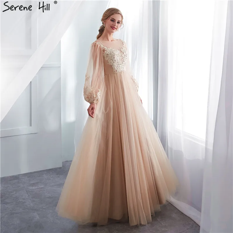 Цвета шампанского с длинными рукавами аппликацией Новые Вечерние платья 2019