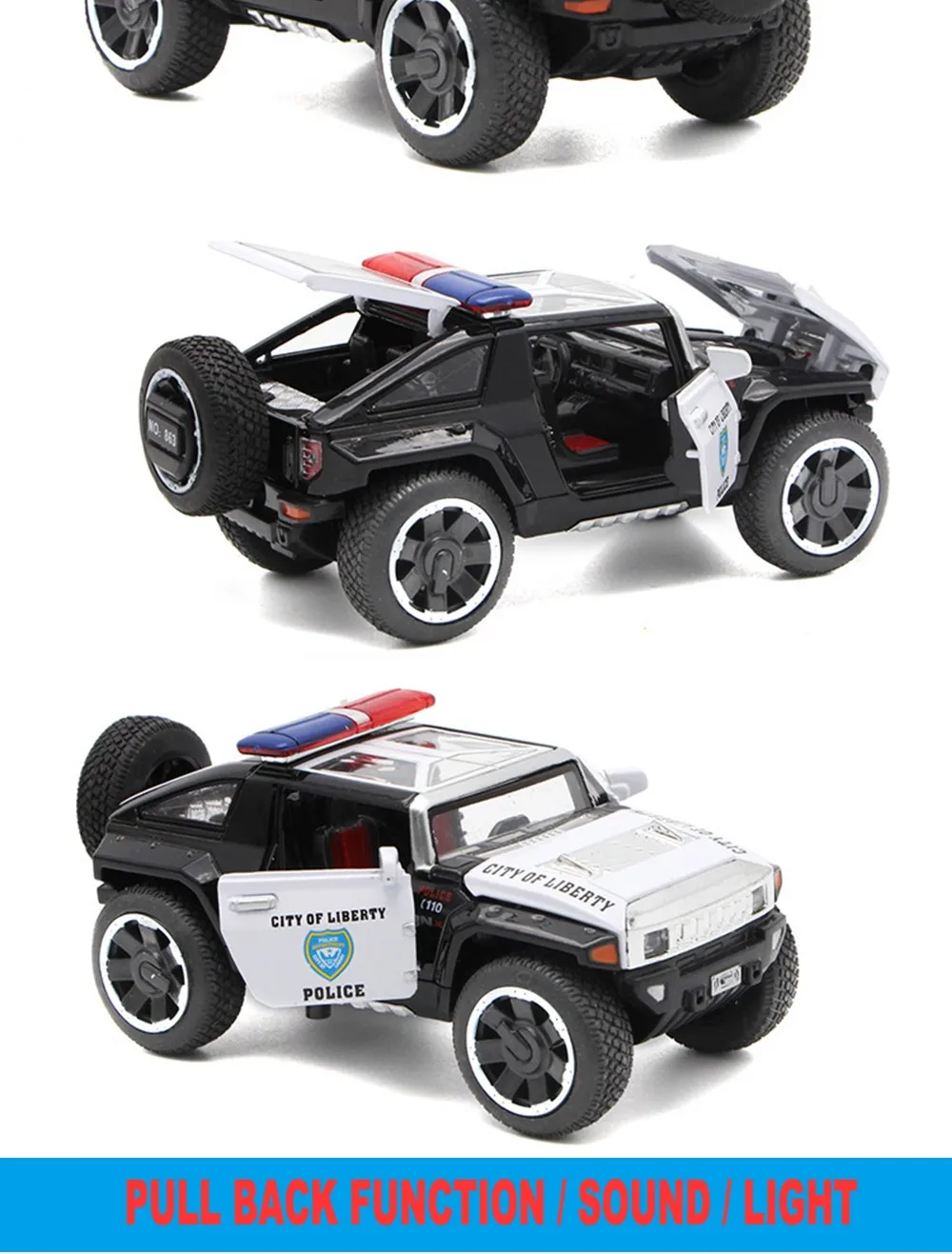 1/32 масштаб Hummer полицейские литые автомобили, модели автомобилей игрушки с открывающимися дверцами/функция оттягивания/светильник/Музыка для мальчиков в подарок
