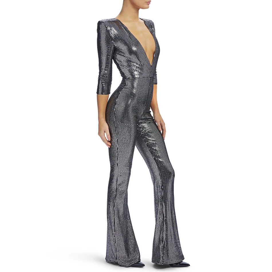 2020 качество серебристый Черный Блестки сексуальный комбинезон с v образным