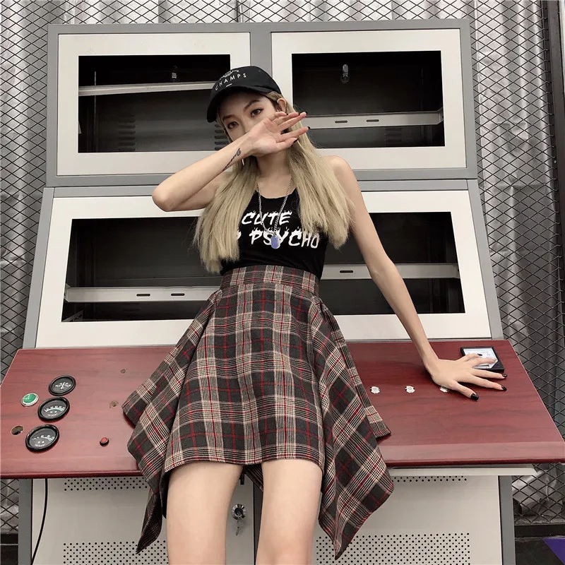 Летние Асимметричные клетчатые юбки для женщин Harajuku с высокой талией, плиссированные уличные юбки Новая мода гранж стиль юбки для женщин