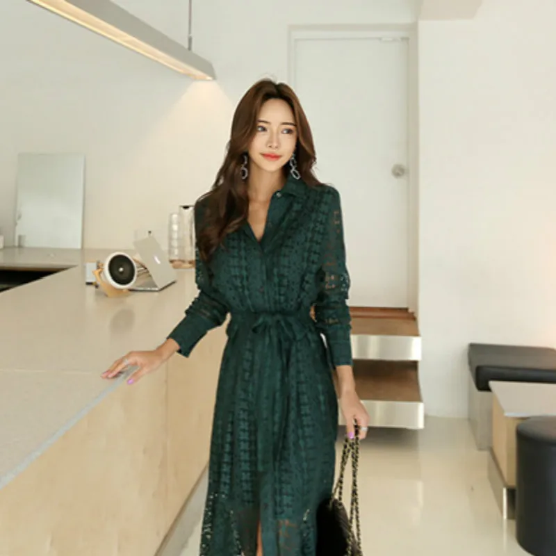 

Women Plus Size Mermaid Dress Autumn White Full Sleeve Turn-down Collar Ankle-length Casual Office Lace Dress Elegant Dresses