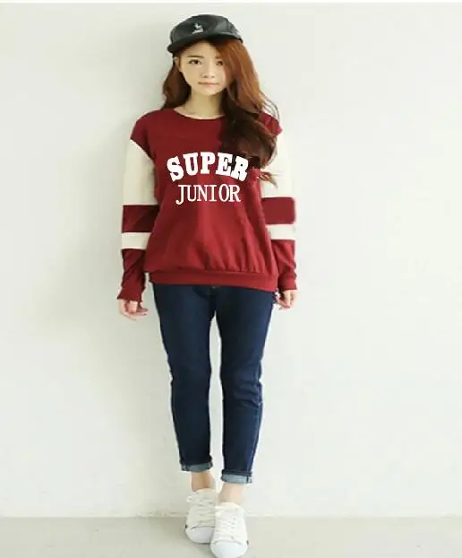 2018 Новый kpop супер Юниор Мода красный круглый воротник плюс кашемировые толстовки