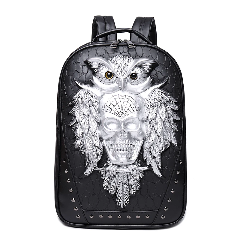 

Черный кошелек с 3D рисунком совы, черепа и заклепками, мужской рюкзак, стильный крутой дорожный мягкий рюкзак для ноутбука на Хэллоуин