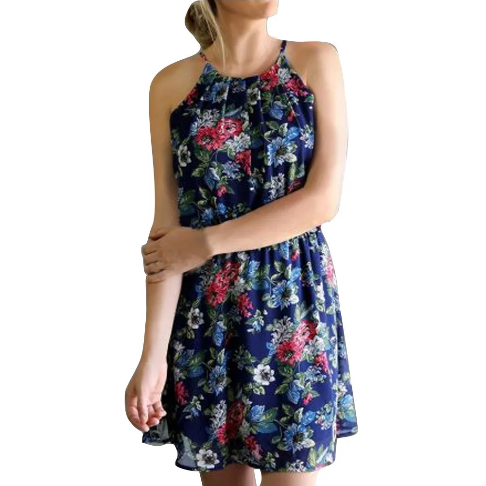 Женское сексуальное мини-платье на бретельках с цветочным рисунком без ожерелья