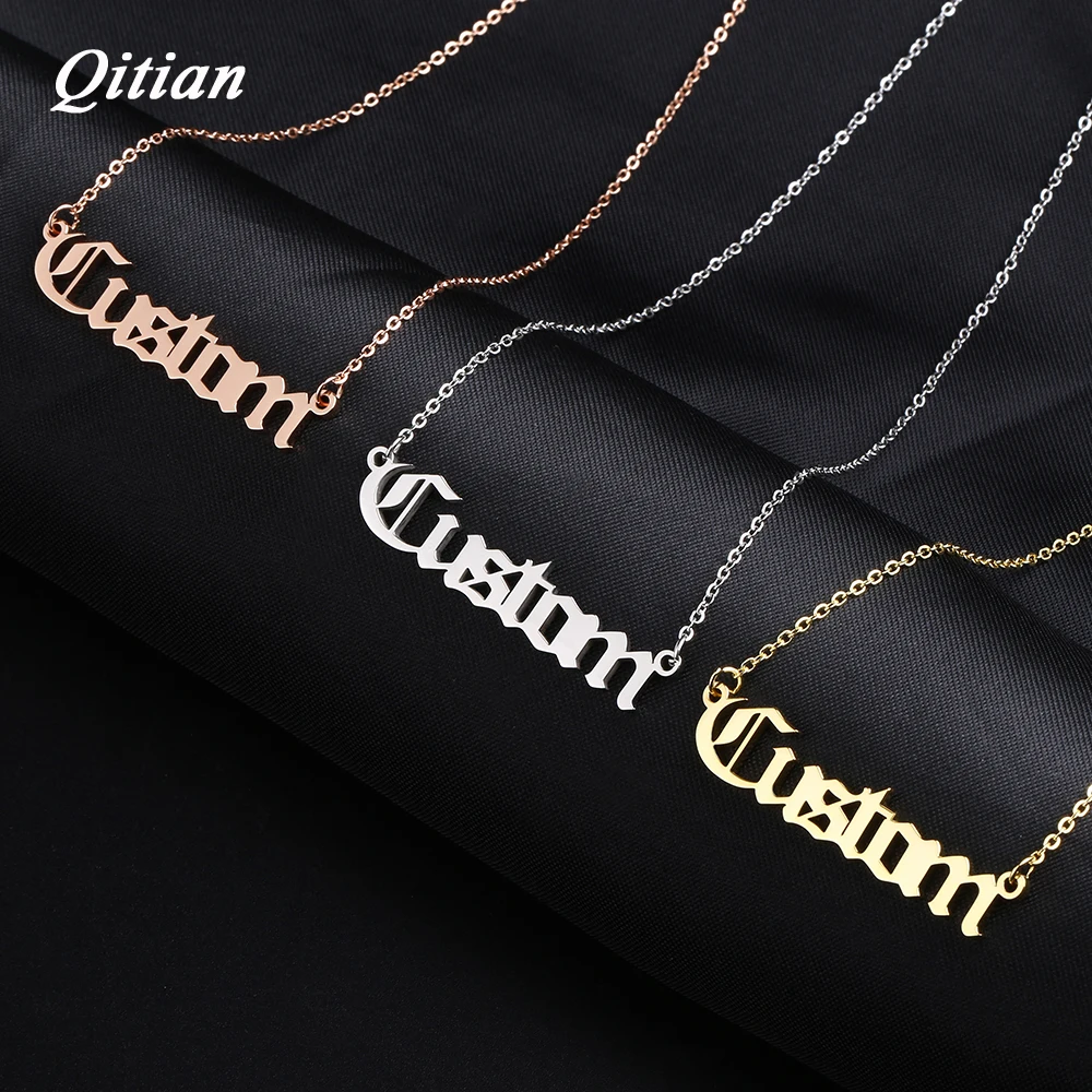 Old English Nameplate Name Necklace 18K Gold Plated Stainless Steel Choker Personalized Custom Names Necklaces For Women Chain
