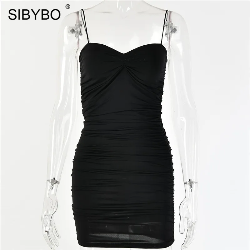 Черный Sibybo, без бретелек, плиссированное, Мини, летнее платье, для женщин, на тонких бретелях, без рукавов, сексуальное, бодикон, платье с открытой спиной, Клубные, вечерние, короткое - Цвет: Черный