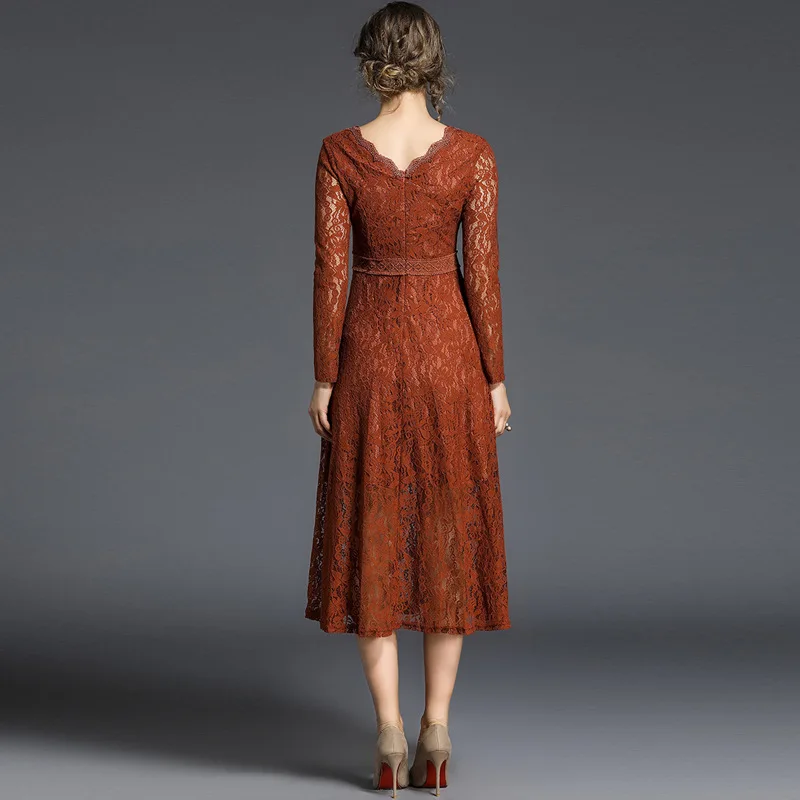 2018 New Spring Sexy Lace Dress V-neck High Waist Long Sleeve Women Elegant Female Party | Женская одежда