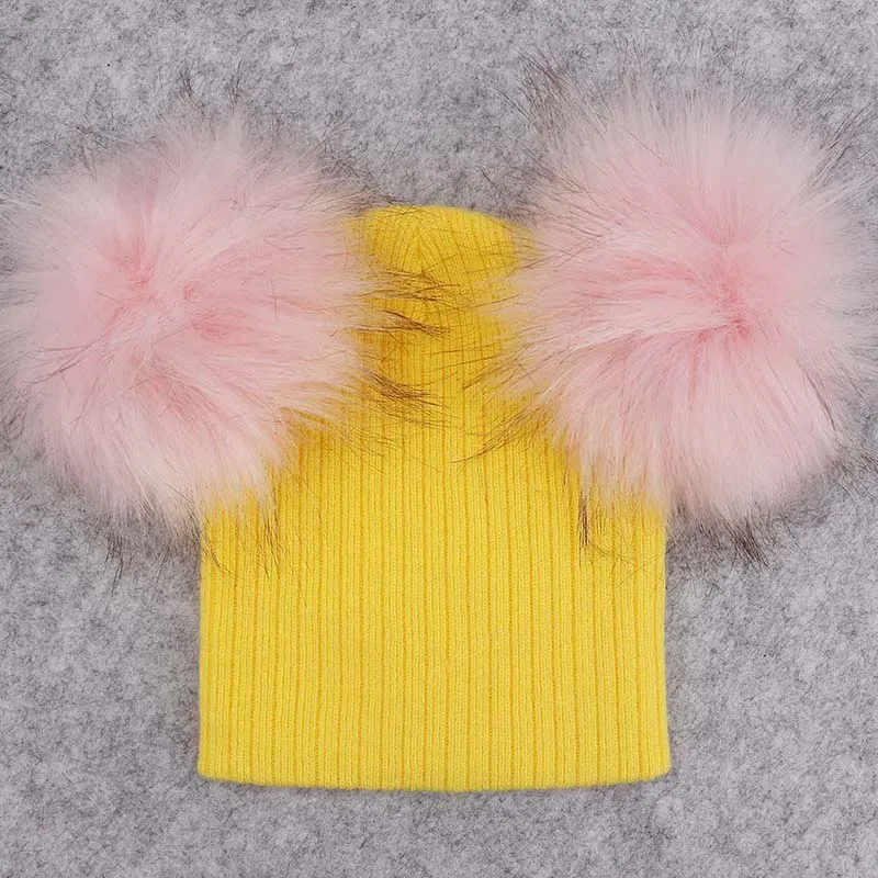 light yellow 2 GZHilovingL/модные вязаные шапочки для маленьких мальчиков и девочек с двойным меховым помпоном; зимние мягкие хлопковые Полосатые Шляпы; Кепка Skullies для детей - Цвет: light yellow 2