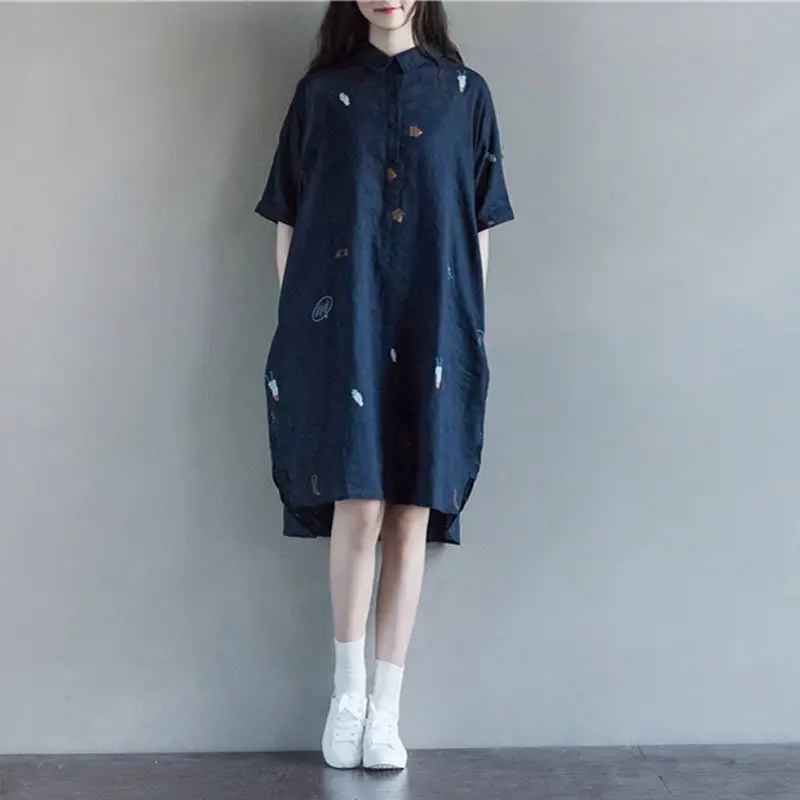 Летнее льняное платье рубашка с отложным воротником и рукавом до локтя|Женские