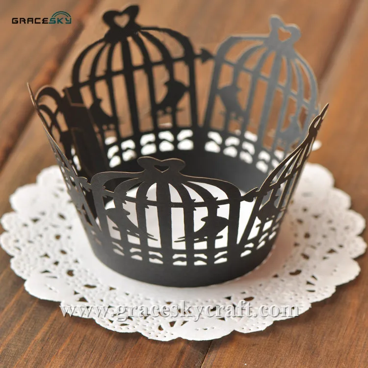 

50pcs free shipping Laser Cut Birds in cage desgin Cupcake Wrappers Baking Cake Wrappers Wedding Birthday Party Cake decoration