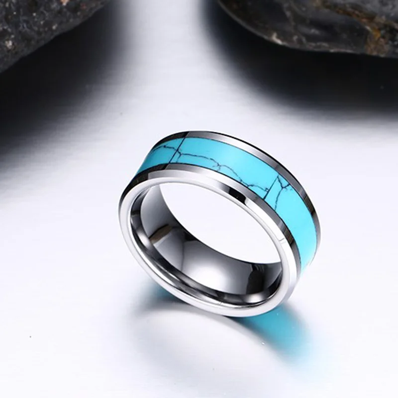8mm Classic Simple Design Tungsten Rings Men Blue Turquoises Natural Stone For Male Charm Party anillos mujer | Украшения и