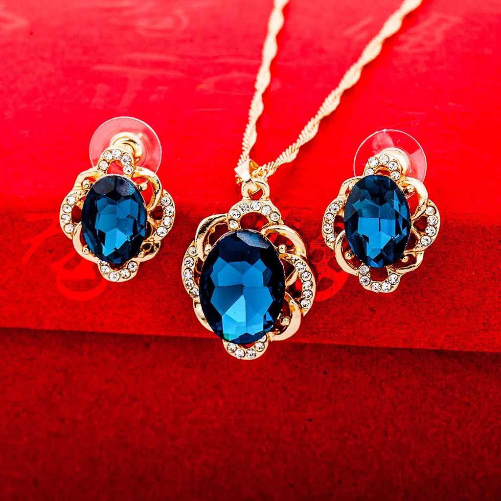 Корейская версия овальный черный имитация jewel серьги + ожерелье геометрический