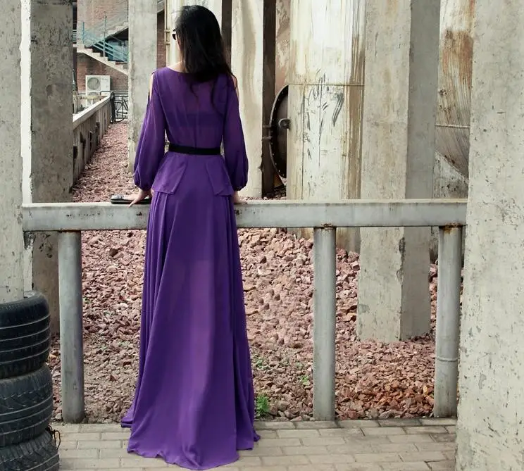Женское шифоновое платье с открытыми плечами длинное фиолетовое платье-макси